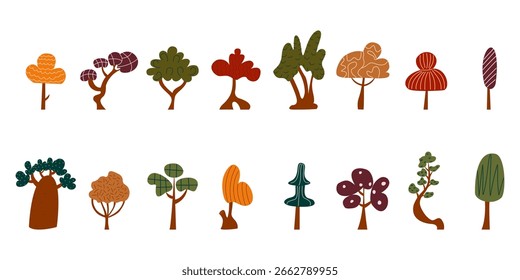 Collection of simple autumn trees on white background. Hand drawn forest elements with flat shapes and seasonal colors. Set of trees with different crowns. Botanical cartoon vector illustrations