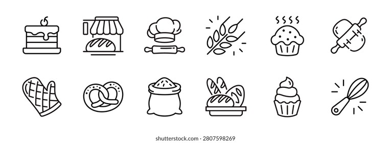 Collection of simple bakery and baking icon line set. Dessert culinary food cake homemade cooking with flour, croissants, bread, chef hat, rolling pin, dough, cupcake pastry signs vector illustration