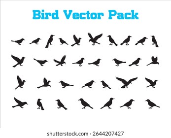 Collection of simple bird silhouettes in various poses and flight styles on white background