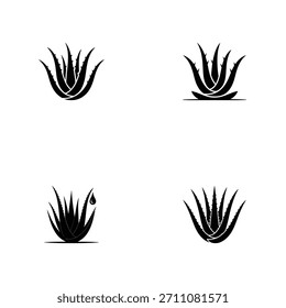 A collection of simple black aloe vera plant vector icons, useful for branding, health, beauty, or herbal product designs.