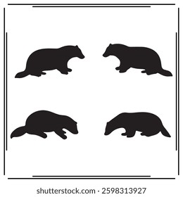 
A collection of simple, black  Badger silhouette siting on branches in a white background.