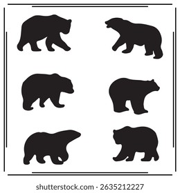 
A collection of simple, black bear silhouette siting on branches in a white background.