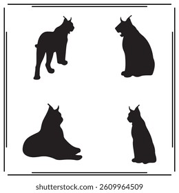 A collection of simple black Bobcat silhouette siting on branches in a white background.