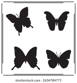 A collection of simple, black Butterfly silhouette siting on branches in a white background.