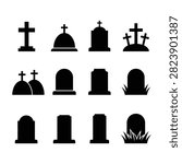 Collection of simple black cemetery icons featuring various tombstones, crosses, and burial mounds. Ideal for Halloween, memorial day, and funeral design projects.