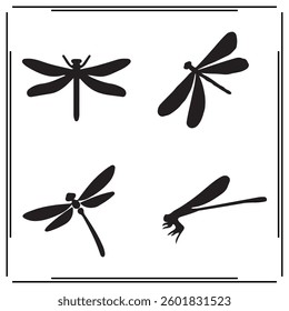 
A collection of simple, black Dragonfly silhouette siting on branches in a white background.