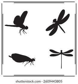 A collection of simple, black Dragonfly silhouette siting on branches in a white background.
