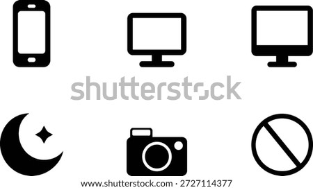 Collection of simple black electronic device icons including a smartphone desktop computer laptop camera moon and prohibition sign isolated on transparent background