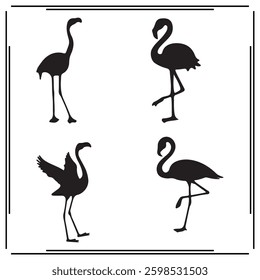 
A collection of simple, black Flamingo silhouette siting on branches in a white background.