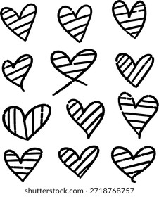 Colección de corazones dibujados a mano negros simples doodle con patrones a rayas aislados para uso decorativo.