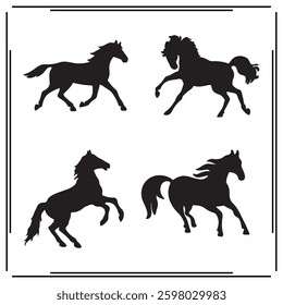 A collection of simple, black Horse silhouette siting on branches in a white background.