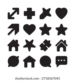 Collection of simple black icons arrows hearts stars and various shapes