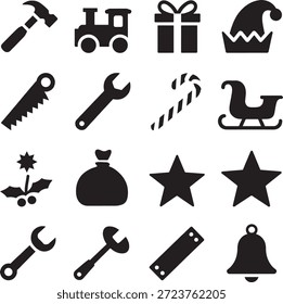 Collection of simple black icons featuring Christmas elements and workshop tools on a white background, suitable for various design applications and creative projects.