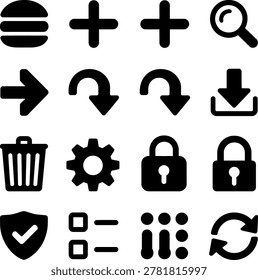Collection of Simple Black Icons Featuring Common Symbols for Web and App Design Projects