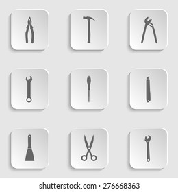 Collection Of Simple Black Icons Of Hand Tools. Pliers, Hammer, Screwdriver, Spanner, Trowel, Wrench, Cutter, Scissor, Pincers, Screw Driver, Knife, Nipper. Vector Illustration