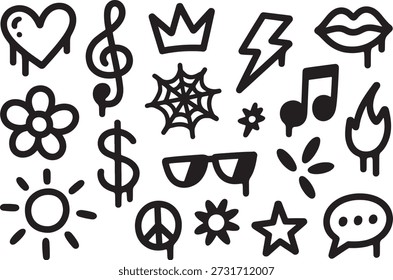 Sammlung von einfachen schwarzen Symbolen auf weißem Hintergrund, darunter Herz, Noten, Krone, Blitzschlag, Lippen und andere Symbole, die für verschiedene Design- und Kreativprojekte verwendet werden.