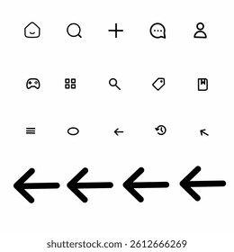 A collection of simple black icons representing various functions like search, conversation, user profile, and navigation, set against a clean white background.