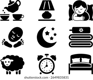 Collection of simple black icons representing sleep and relaxation silhouette