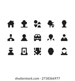 Una colección de íconos negros simples que representan personas, lugares y objetos