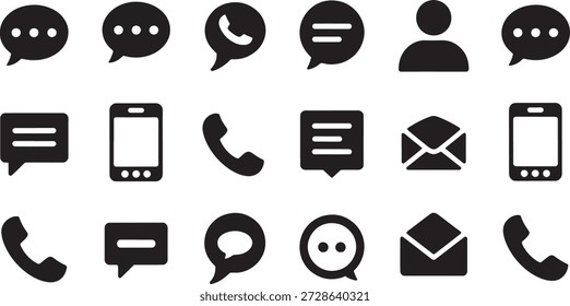 Colección de íconos negros simples que representan diferentes métodos de comunicación, como burbujas de voz, teléfonos, mensajes, correos electrónicos y personas en un fondo blanco limpio para varios usos.