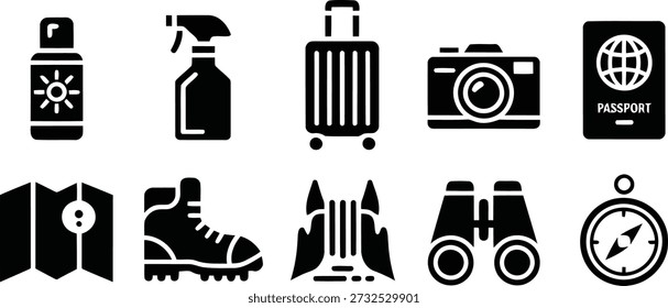 A collection of simple black icons representing various travel and adventure essentials like sunscreen, luggage, camera, map, and compass.