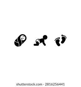 Collection of simple black icons representing different stages of baby development from newborn to toddlerhood and first steps