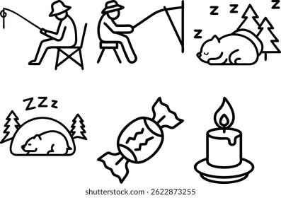 A collection of simple, black line art icons depicting various scenes including fishing, sleeping bears in a forest, a piece of candy, and a lit candle.