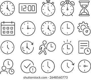 Uma coleção de ícones de arte de linha preta simples que representam vários conceitos relacionados com o tempo, incluindo relógios, um cronômetro, um despertador, uma ampulheta, um calendário e uma pessoa correndo.