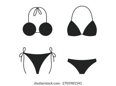 Colección de iconos de bikini y traje de baño de línea negra simple sobre fondo blanco