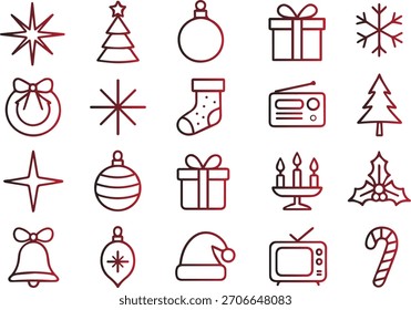 Collection of simple black line art icons representing various christmas and holiday symbols, isolated on white background