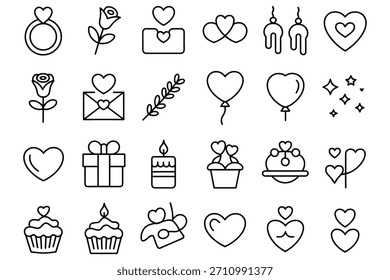 A collection of simple black line art icons perfect for Valentine's Day or romantic themes, featuring various heart shapes, gift box, rose, candle, and cupcake designs for graphic use.
