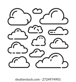 Eine Sammlung einfacher Illustrationen mit schwarzen Linien, die verschiedene Wolkenformen darstellen