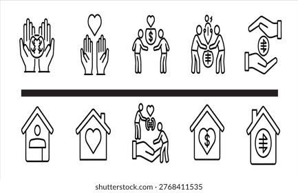 A collection of simple, black line art icons representing religious themes, including figures, buildings, and symbolic objects.