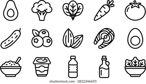 A collection of simple black line art healthy food icons featuring fresh vegetables, fruits, protein, and kitchen staples.