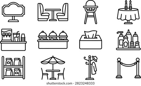 A collection of simple black line art icons representing restaurant dining equipment, furniture, and customer service facility elements.