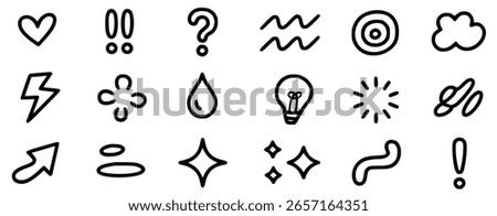 Collection of simple black line art icons including a heart, lightning bolt, question mark, and cloud.