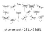 collection of simple, black line drawings of dragonflies, each with varying wing shapes on white background. Minimalist and delicate design. 