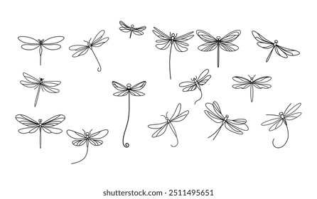 collection of simple, black line drawings of dragonflies, each with varying wing shapes on white background. Minimalist and delicate design. 