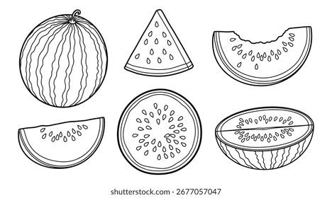 Eine Sammlung von einfachen schwarzen Linien Zeichnungen zeigen Wassermelonen in verschiedenen Formen und Stilen, präsentiert auf einem sauberen weißen Hintergrund.