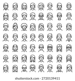 Coleção de desenhos simples de linhas pretas de várias pessoas de faces em um fundo branco, mostrando diversos penteados e características faciais.