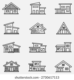 Sammlung von einfachen schwarzen Linien Zeichnungen von verschiedenen Häuserdesigns auf weißem Hintergrund, die verschiedene architektonische Stile und Strukturen zeigen.