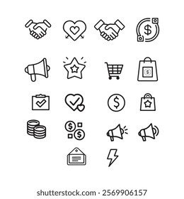 Collection of Simple, Black Line Icons Representing E-commerce and Business Concepts