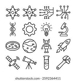  A collection of simple, black line icons representing various scientific and technological concepts, including chemistry, biology, engineering, astronomy, and robotics.