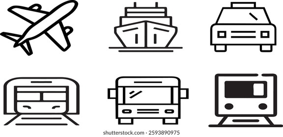 Collection of simple, black line icons representing various transportation methods. Bus, Train, Metro Train, Car icon set.