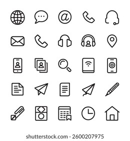 Collection of simple black line icons for contact and communication