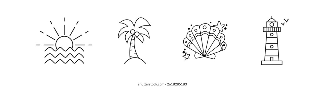 Collection of simple black line icons showing a sunset, palm tree, seashells, and lighthouse, perfect for beach, travel, or summer themes.