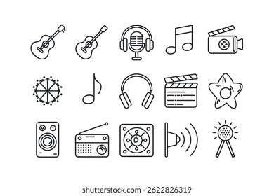 A collection of simple, black line icons depicting various audio-visual equipment.