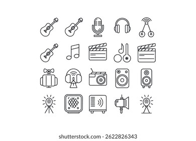 A collection of simple, black line icons depicting various audio-visual equipment.