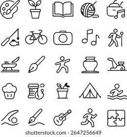 A collection of simple black line icons representing various hobbies and leisure activities, including art, gardening, reading, crafting, music, sports, and outdoor pursuits.
