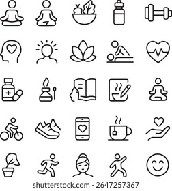 A collection of simple black line icons representing various aspects of health and wellness, including meditation, fitness, healthy eating, and self-care.